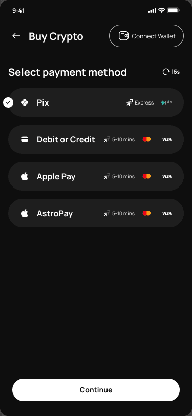 Klever Wallet Buy Crypto payment method selection