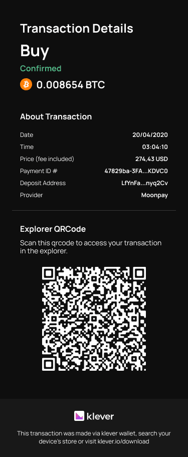 Klever Wallet confirmed crypto purchase transaction details