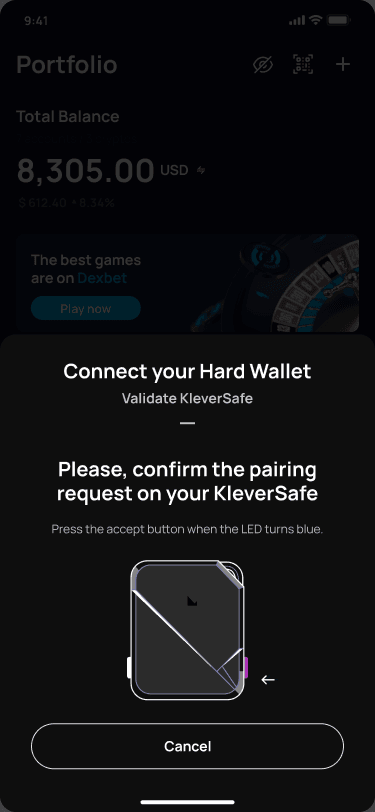 Klever Wallet asking for pairing confirmation on KleverSafe hardware