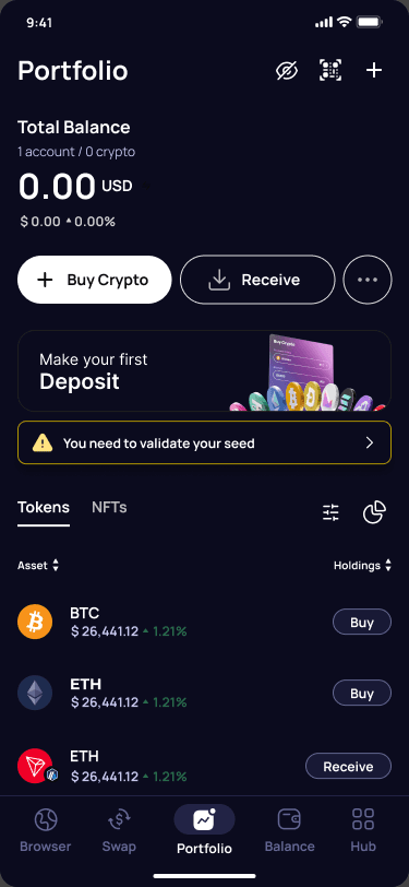 Empty Klever Wallet portfolio with first deposit guidance