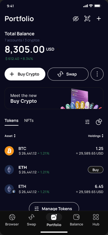Klever Wallet portfolio showing multiple crypto assets and accounts