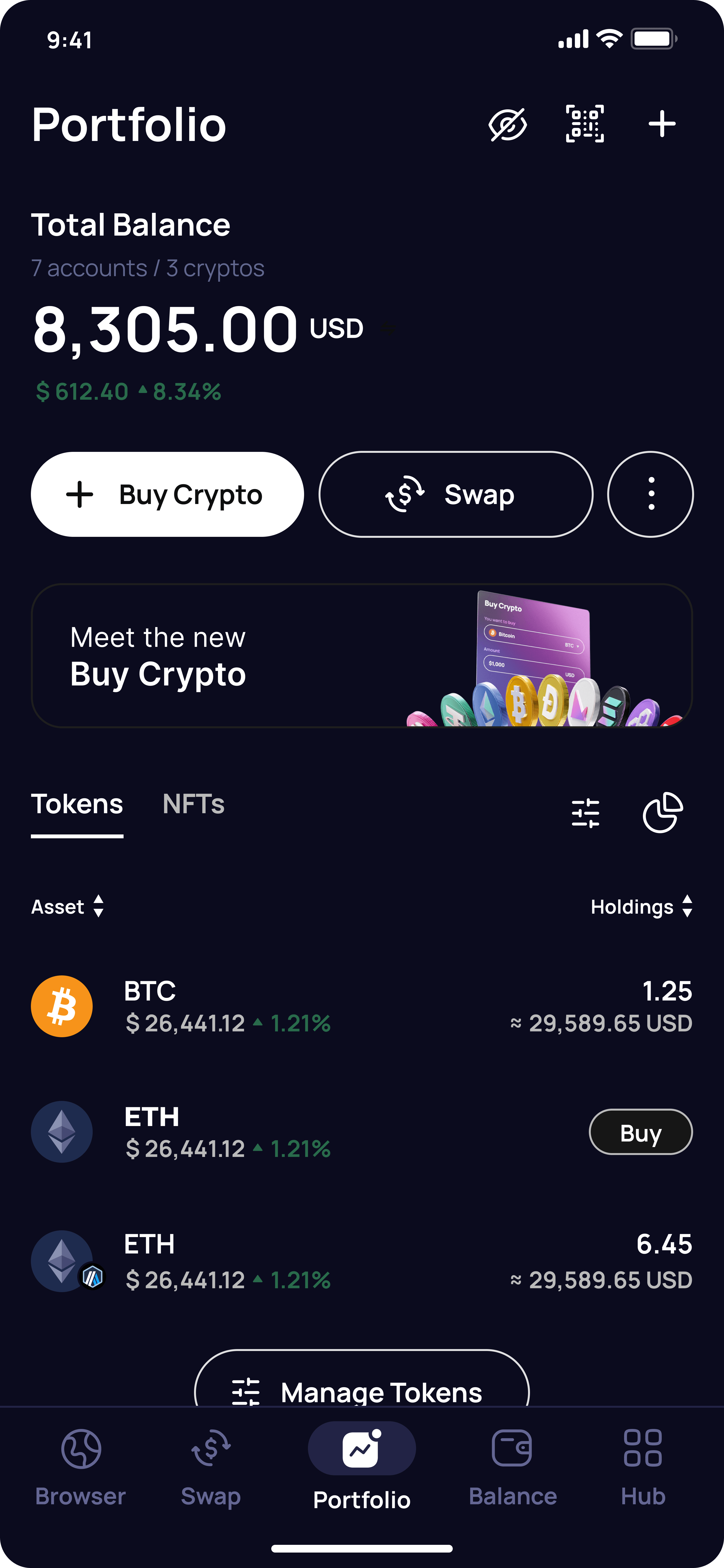 Klever Wallet portfolio showing total balance, seven accounts, crypto assets, holdings, tokens and NFTs