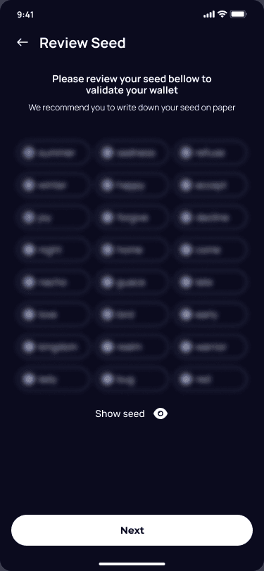 Klever Wallet recovery phrase protected by the original blurred privacy state