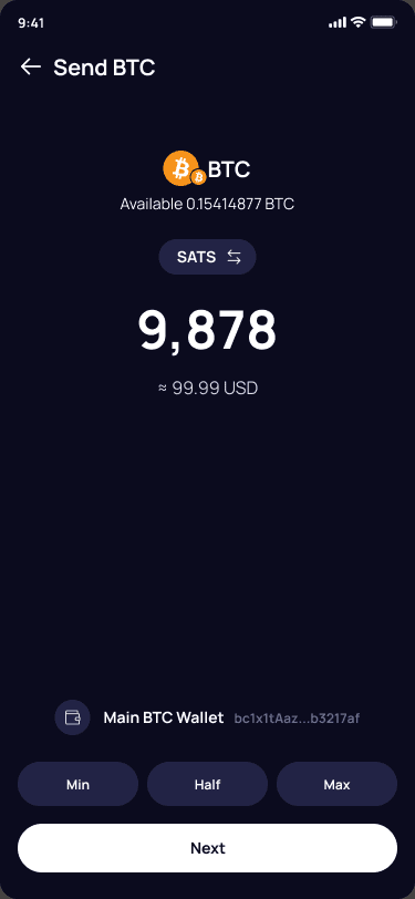 Klever Wallet BTC send amount with balance, SATS and fiat equivalent