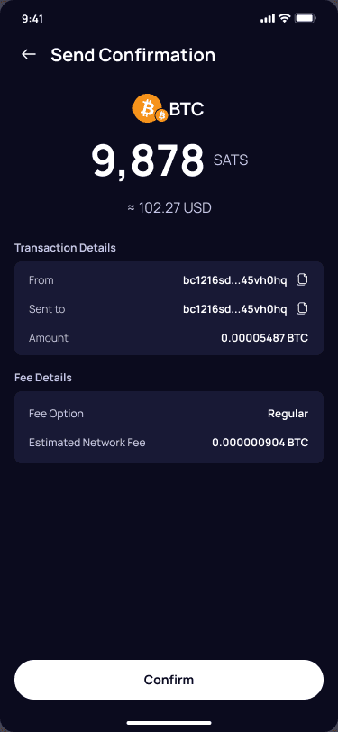 Klever Wallet send confirmation with recipient and network fee