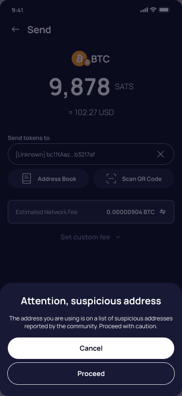 Klever Wallet warning for a suspicious recipient address