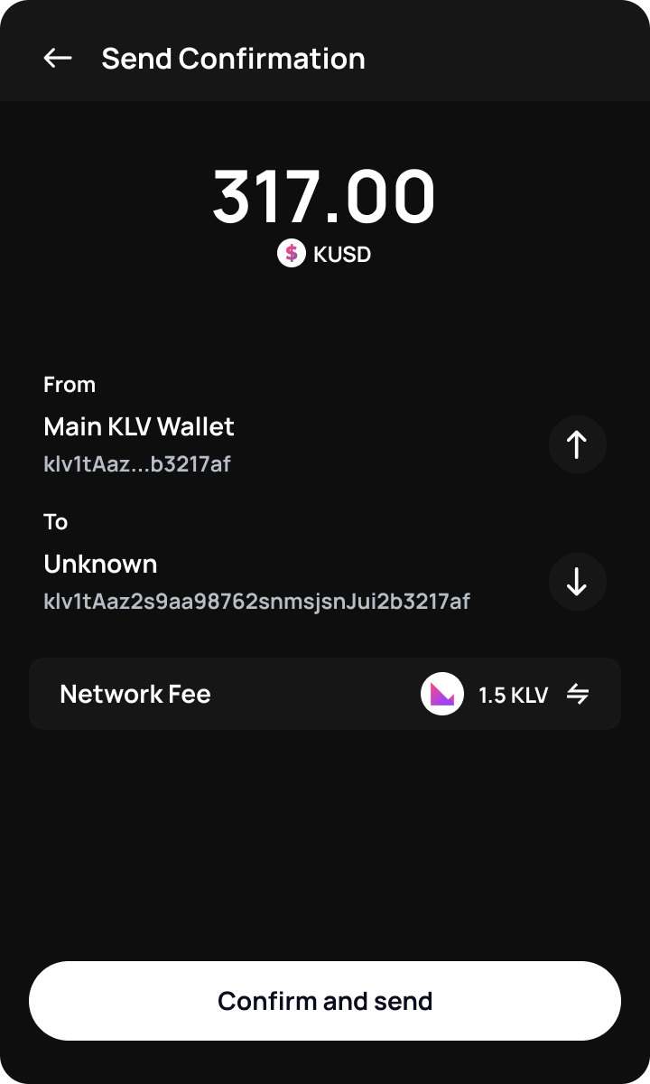 Klever Extension send confirmation showing amount, source, recipient and network fee