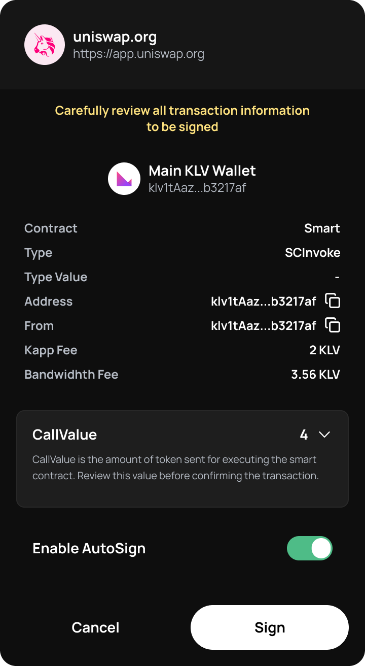 Klever Extension review showing the requesting application, domain, selected account, contract details, fees and Sign action