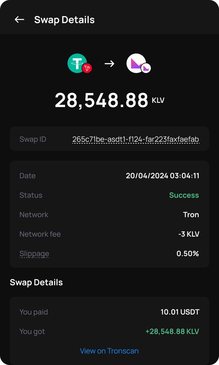 Klever Extension completed swap details with status, network, fee, slippage and exchanged values