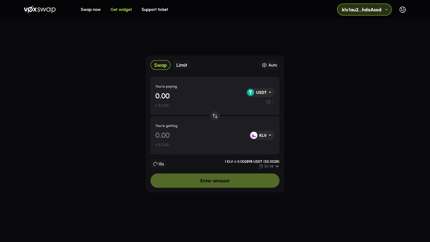 VoxSwap connected wallet interface ready for asset exchange
