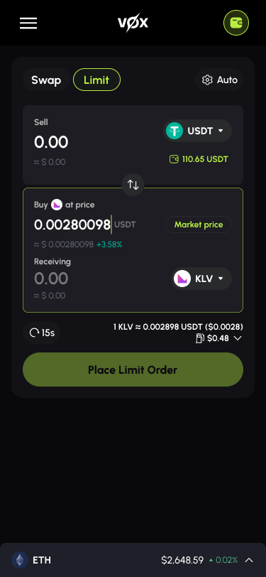 VoxSwap mobile limit order interface