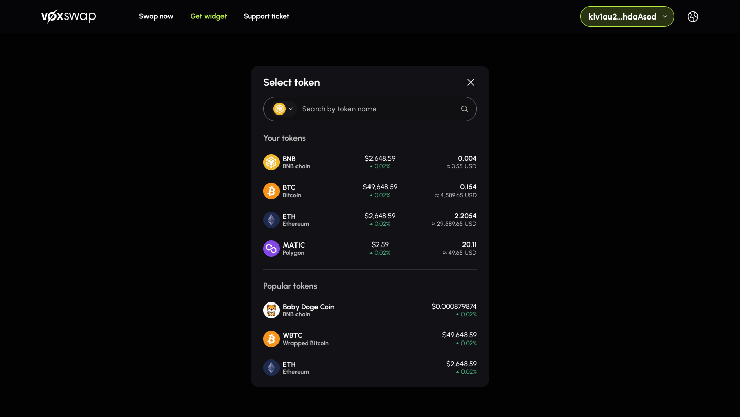 VoxSwap token selection interface with wallet and popular assets