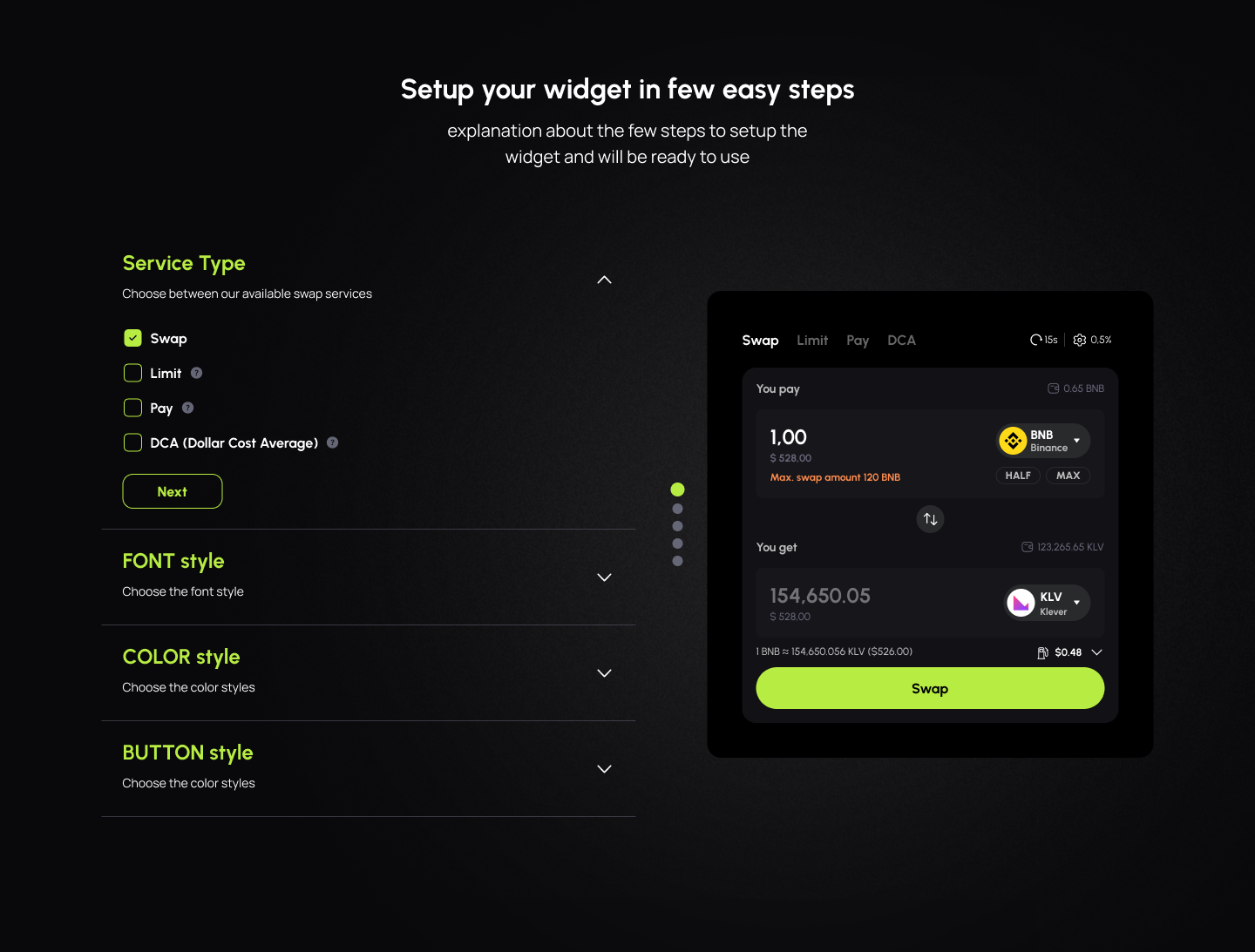 VoxSwap configurable partner widget setup with live product preview