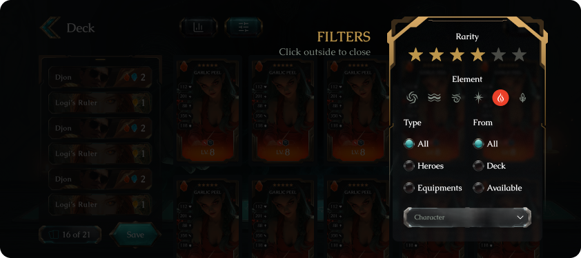 Dobro Goranku deck builder filters for rarity, element and card type